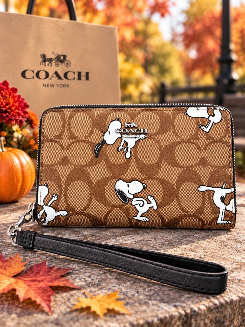 COACH × PEANUTS Long Zip Around Wallet Signature Canvas Snoopy Print C4596 NEW!